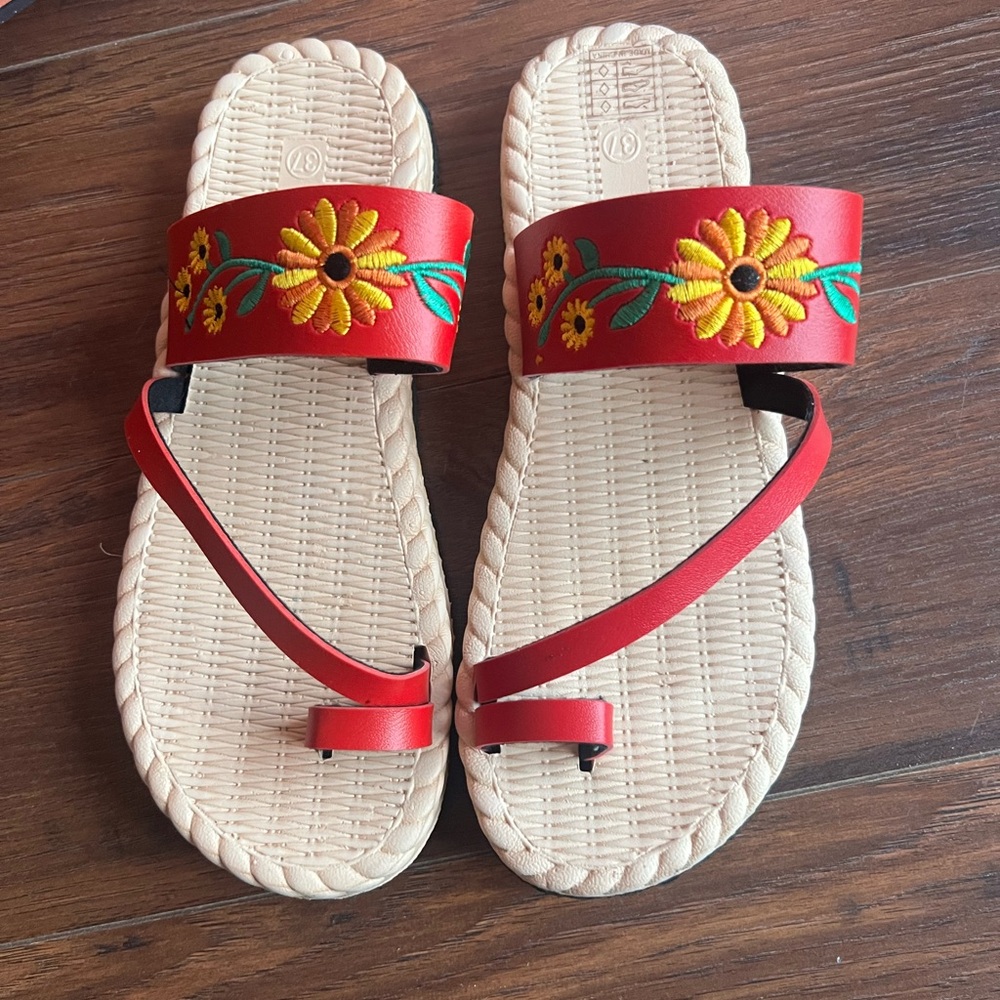 Red Floral Embroidered Sandals